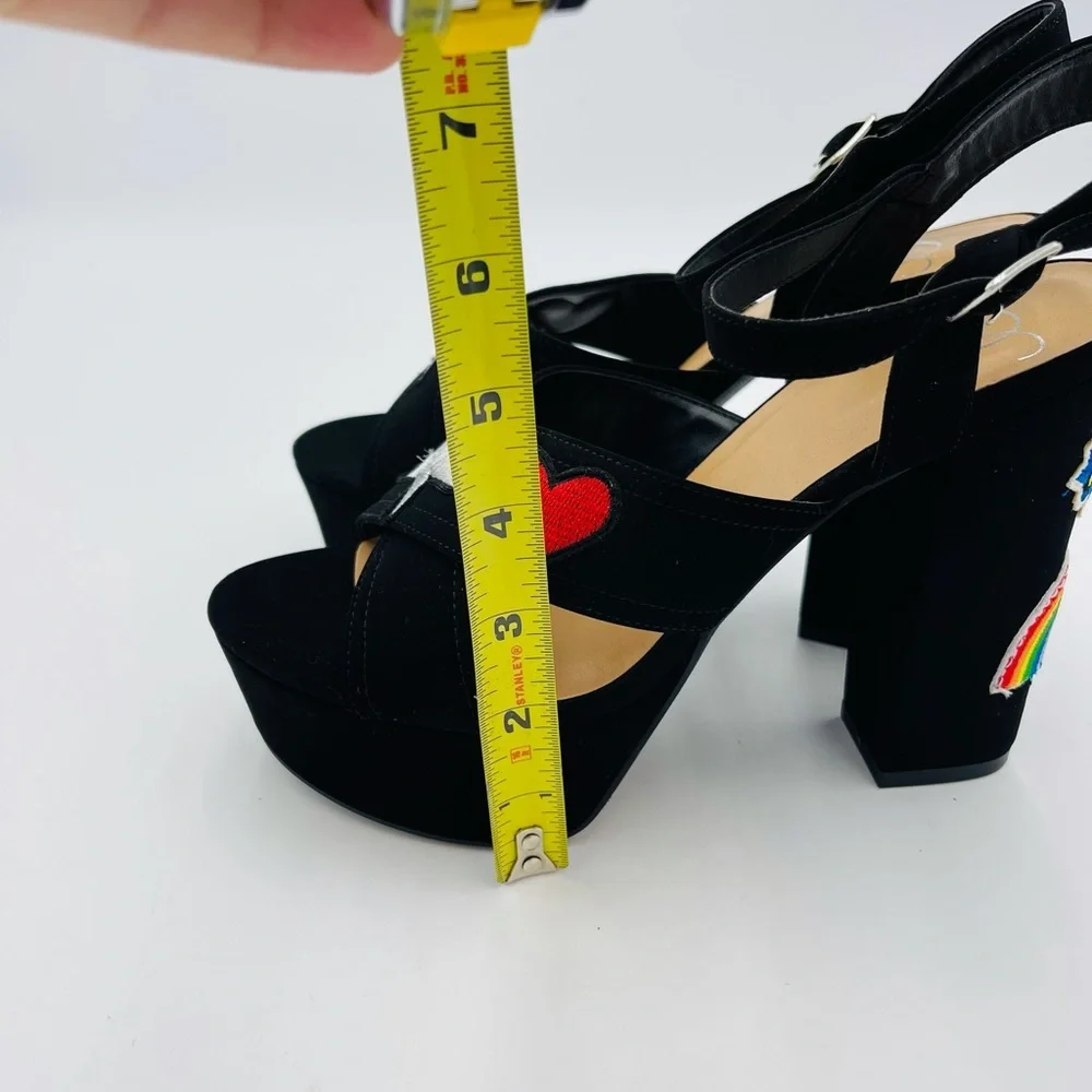 NEW BLACK MULTI STRAP HEART STAR RAINBOW PATCH SUEDE FELT PLATFORMS